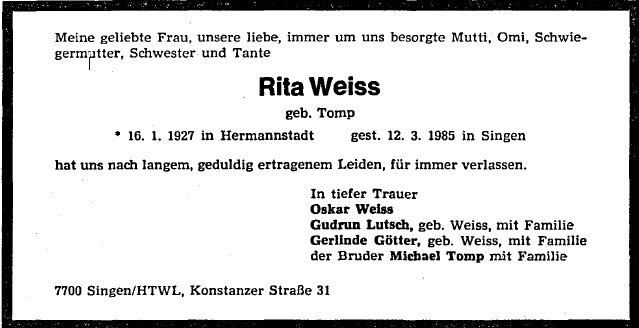 Tomp Rita 1927-1985 Todesanzeige
